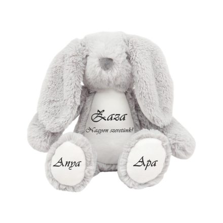 Névre szóló szürke nyuszi lógó fülekkel (születési adatokkal is kérhető) 35 cm